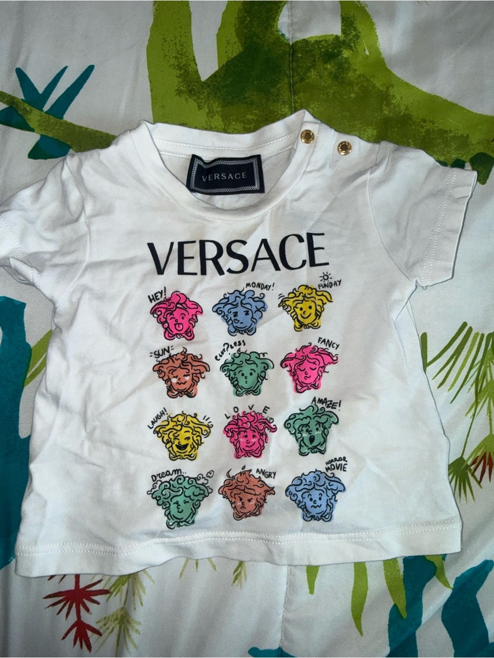 Versace White Kids Short Sleeve Tee with Multicolor Medusa Icons